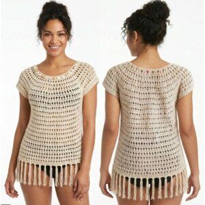 Ruby Rd. Women's Crochet Knit Fringe Tassel Hem Swim Cover-Up Top‎ Size Medium